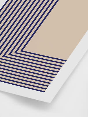 Abstract poster with beige background and dark blue diagonal and horizontal corner stripes