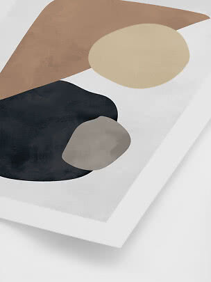 Abstrakte Wandkunst mit organischen Formen in Beige, Schwarz und Grau auf weißem Hintergrund