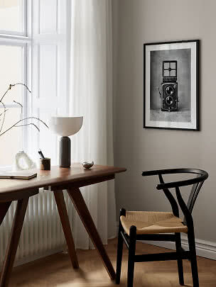 Stampa incorniciata in bianco e nero di una fotocamera vintage in interno moderno