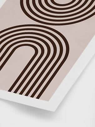 Abstract poster with brown curved lines on a light pink background in a white frame