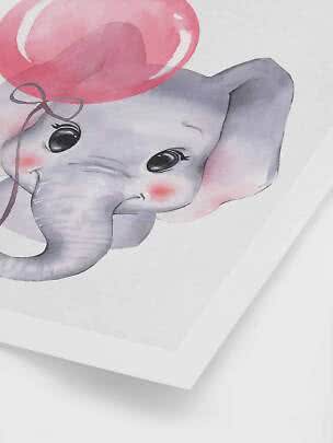 Aquarell eines grauen Babyelefanten mit großen Augen und rosa Ballon auf weißem Hintergrund