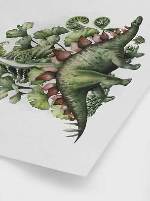 Illustrazione di uno stegosauro verde con foglie su sfondo bianco