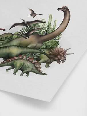 Poster with dinosaurs and pterosaurs in green tones on a white background