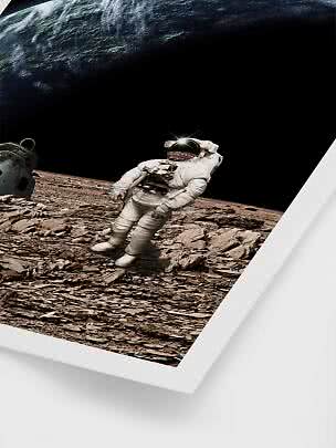 Poster showing an astronaut on a rocky moon surface with Earth in the background