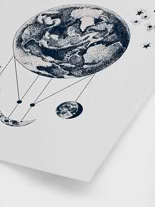 Schwarz-weiße Illustration von Mondphasen, großem Mond und Sternen auf weißem Poster