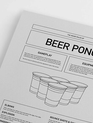 Nærbillede af sort-hvid beer pong-regelplakat med tekstbokse og illustration af plastikkrus