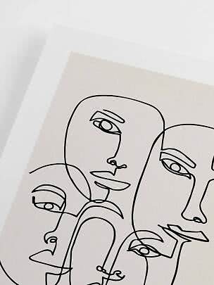 Abstrakte Linienzeichnung mit überlappenden Gesichtern in Schwarz auf weißem Papier