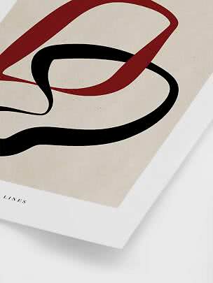 Abstrakt plakat med røde og sorte bølgende linjer på beige baggrund med hvid kant