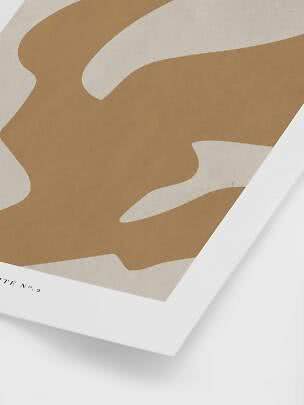 Abstract art print with organic beige shapes on an off-white background and white border