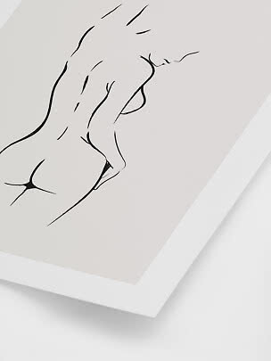 Minimalist line drawing of a male nude torso on a white framed poster