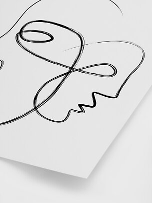 Abstract line art poster with black continuous face drawing on white background