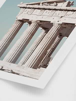 Poster showing a close-up of ancient Greek columns and temple facade against a pale blue sky