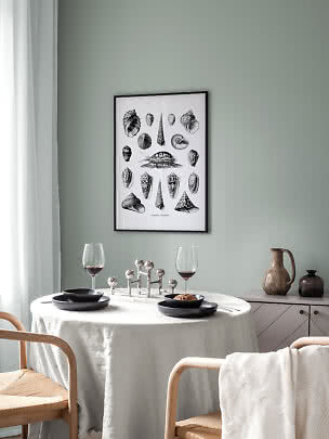 Framed black-and-white shell print above a set dining table in a calm, light room