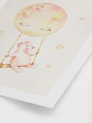 Watercolor print of a pink bear on a swing beneath a sleeping moon and small stars