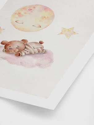 Aquarell eines schlafenden Teddybären auf rosa Wolke unter Mond und Sternen