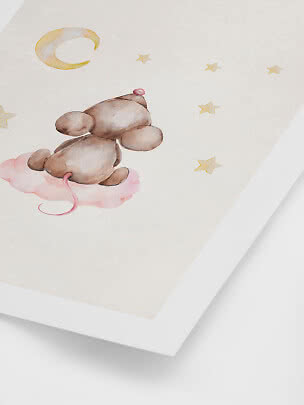 Acquerello di un topolino su una nuvola rosa sotto luna e stelle