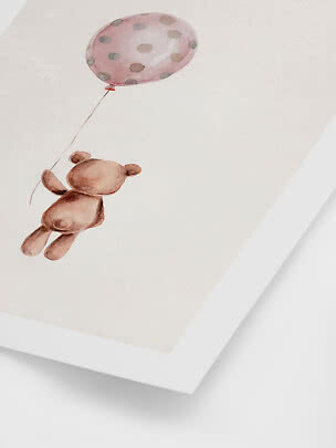 Watercolor teddy bear flying with a pink polka dot balloon