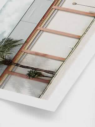 Vista inclinata di edificio moderno con palme, facciata in vetro e lampione contro cielo chiaro