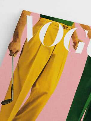 Close-up of a Vogue magazine cover with model in yellow trousers, pink background and golf club