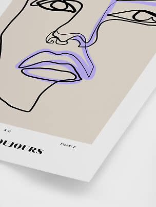 Minimalistisk plakat med abstrakt ansigtstegning i sorte linjer og lilla detaljer på beige baggrund