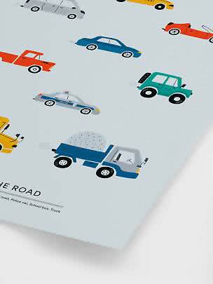 Poster with colorful illustrations of cars and trucks on a light blue background