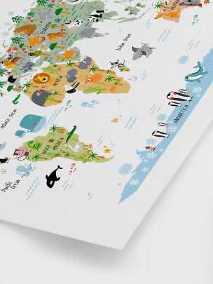 Illustrated world map poster with cute animals across continents and oceans.