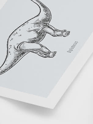 Affiche encadrée avec dessin au trait noir d’un Diplodocus sur fond gris clair