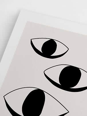 Minimalistisk kunstprint med sorte, abstrakte øjne på beige papir