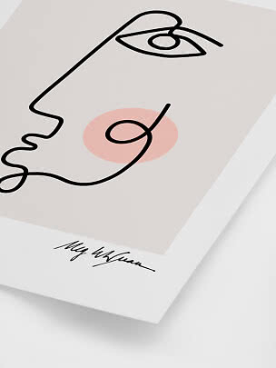 Abstrakt stregtegning af ansigt med rosa kind på beige plakat