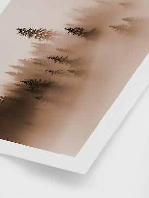 Plakat med tåget skovmotiv i bløde beige og brune nuancer