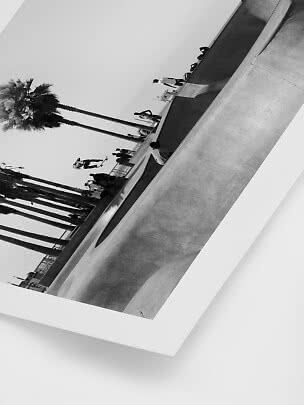 Black-and-white photo of a skateboarder midair over a skatepark with palm trees