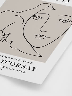 Minimalist art print with abstract face, dove, and French typographic details.
