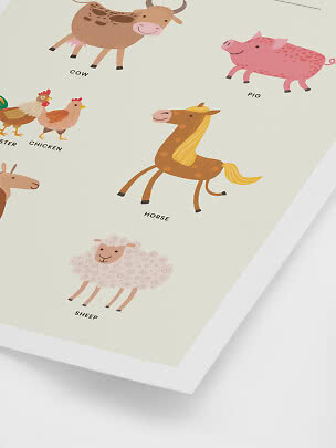 Children's poster with colorful farm animal illustrations and English labels.