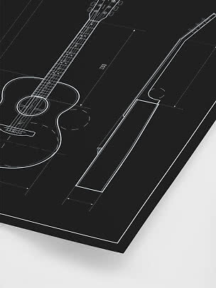 Sort plakat med teknisk stregtegning af en akustisk guitar og halsmål.