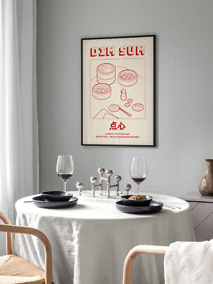 Gerahmtes Dim-Sum-Poster über rundem Esstisch mit schwarzen Tellern und zwei Weingläsern.