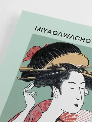Poster con illustrazione giapponese di donna in kimono e scritta MIYAGAWACHO