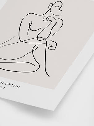 Minimalist line drawing of a seated woman on a beige poster with white border