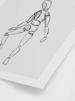 Charcoal sketch of a reclining artist mannequin on white paper