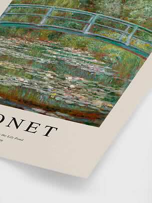 Poster featuring Monet’s water lilies and Japanese bridge on a beige background