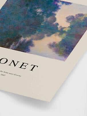 Art print featuring Monet’s impressionist riverside landscape in blue and purple tones on beige