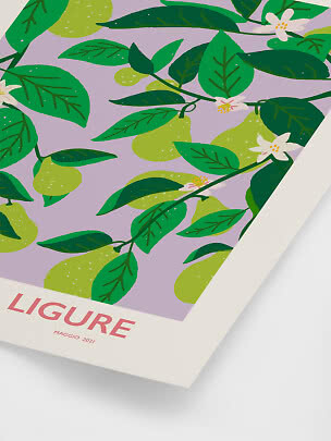 Illustrerad poster med gröna päron, blad och vita blommor på ljuslila bakgrund