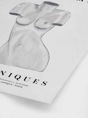 Art poster with pencil drawing of a female torso and French text on white background