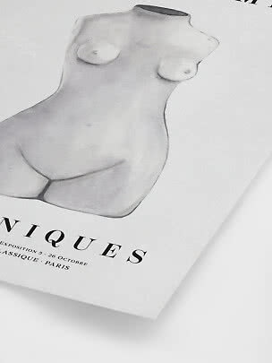 Art poster with sketch of a female torso in soft gray tones and French exhibition text