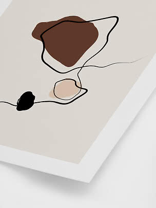 Abstrakte Wandkunst mit schwarzen Linien und organischen Formen in Braun, Beige und Schwarz