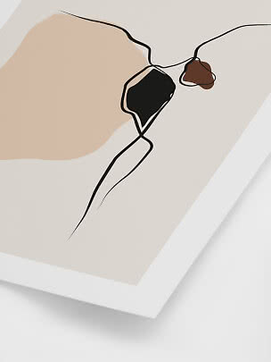 Abstract wall art with black lines and organic beige, black and brown shapes in a white frame