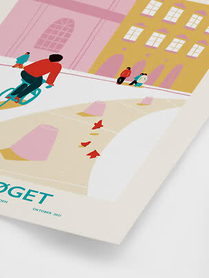 Illustriertes Poster mit Radfahrer, Fußgängern und farbigen Gebäuden in einer Stadtszene