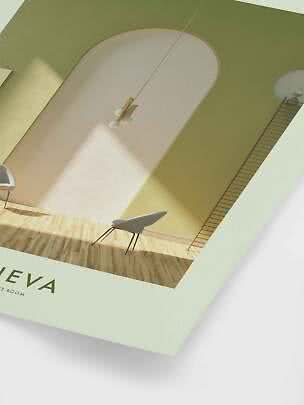 Poster with modern living room interior, green wall, arched niche, chair and pendant light