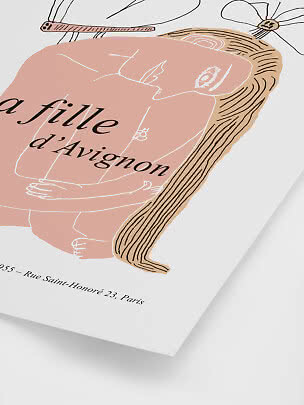 Art print with abstract female illustration in pink and black with the text "a fille d’Avignon"