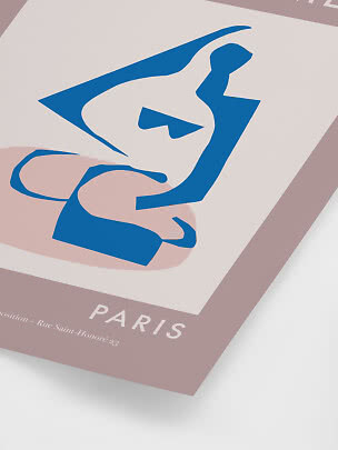 Abstract Paris poster with blue line drawing of a seated woman on a pink background