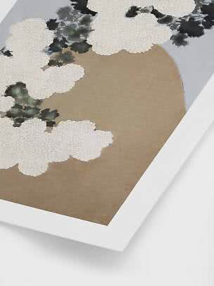 Framed art print with white flowers and dark leaves on a beige and light gray background